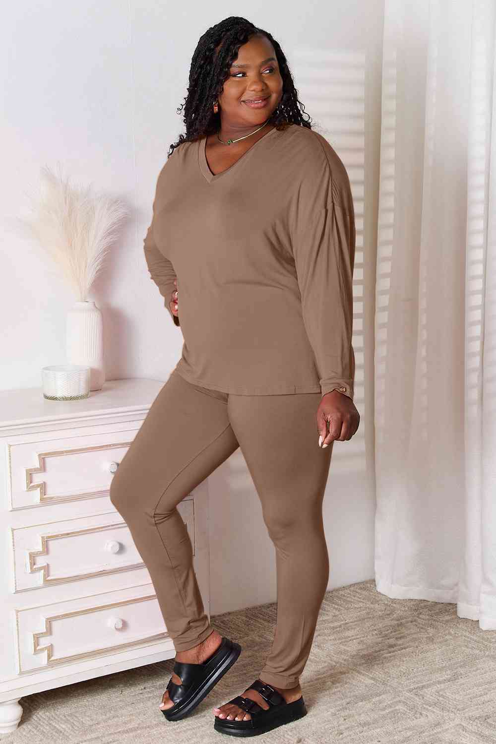 Basic Bae Full Size V-Neck Soft Rayon Long Sleeve Top and Pants Lounge Set from Enfance-Heureuse