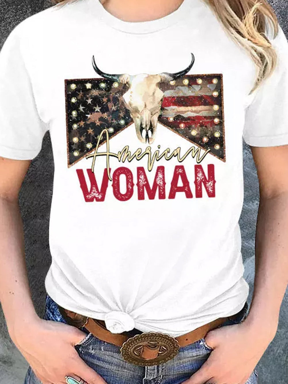 American Woman Bull Skull Print White Graphic Tee from MsDressly