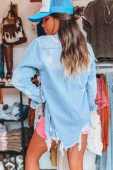 Beau Blue Light Wash Distressed Frayed Long Denim Jacket from MsDressly