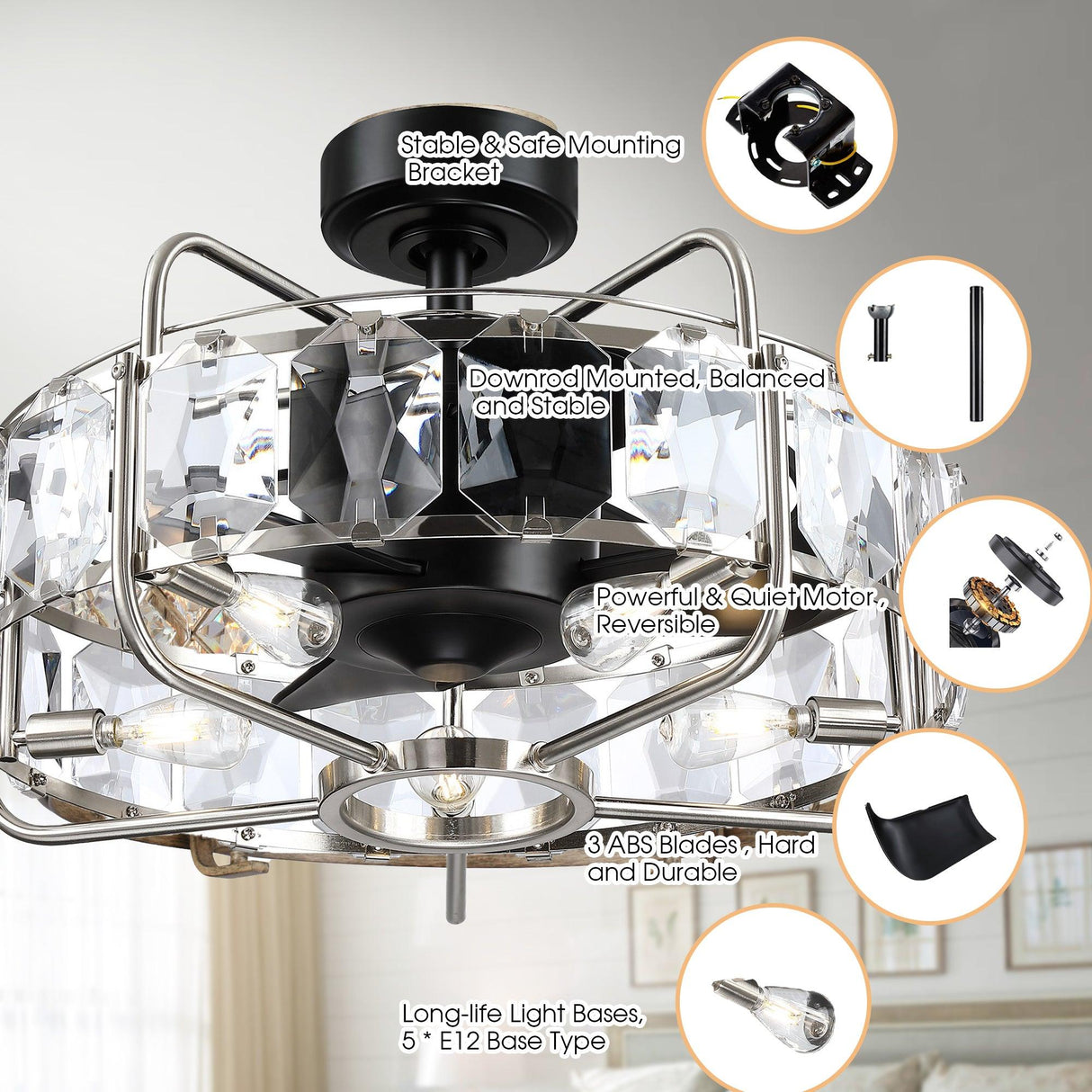 Modern 23" DC Motor Downrod Mount Reversible Fandelier Ceiling Fan with Lighting and Remote Control From ParrotUncle