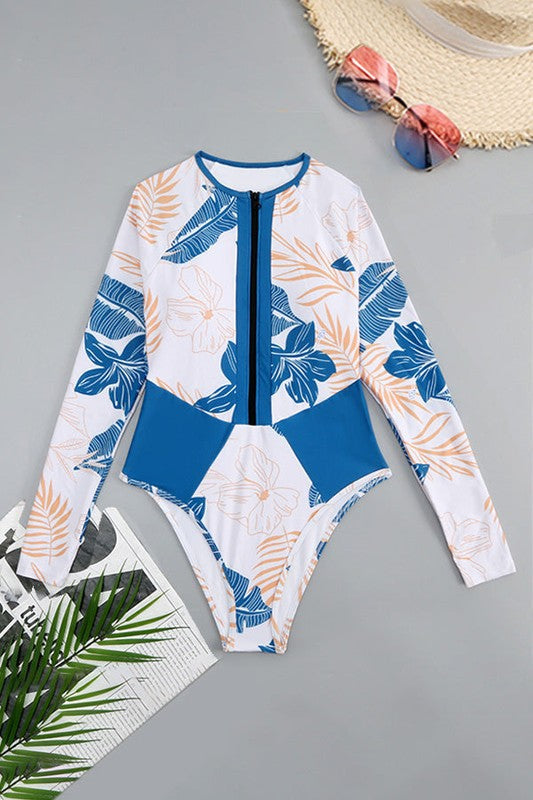 Blue Tropical Long Sleeve One-Piece Surfing Swimsuit My Pampered Life Seattle