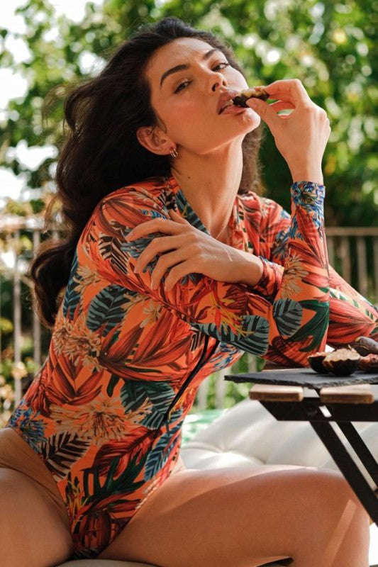 Leaf Floral Print Front Zip Long Sleeve Rash Guard from My Pampered Life Seattle