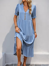 Perfee Decorative Button Notched Short Sleeve Midi Dress from Enfance-Heureuse