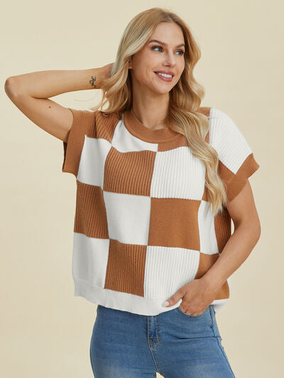 Double Take Full Size Checkered Round Neck Short Sleeve Sweater from Enfance-Heureuse