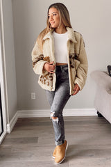 Beige Leopard Patchwork Snap Buttons Sherpa Jacket from MsDressly