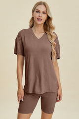 Basic Bae Full Size Ribbed V-Neck Short Sleeve Top and Shorts Set from Enfance-Heureuse