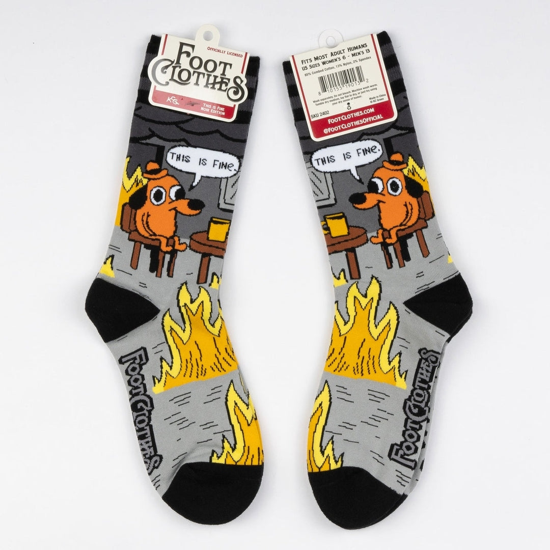 This is Fine: Noir Edition Crew Socks from FootClothes