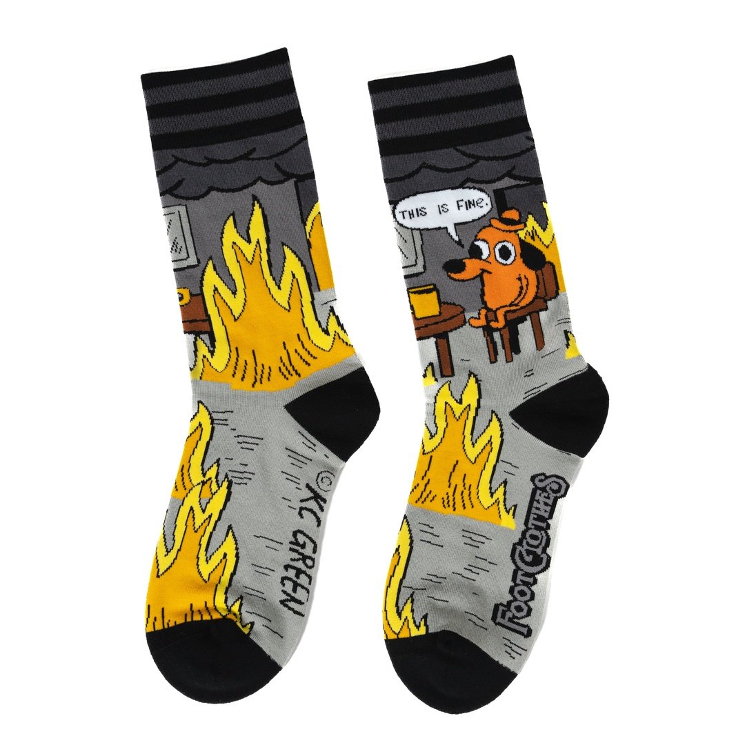 This is Fine: Noir Edition Crew Socks from FootClothes