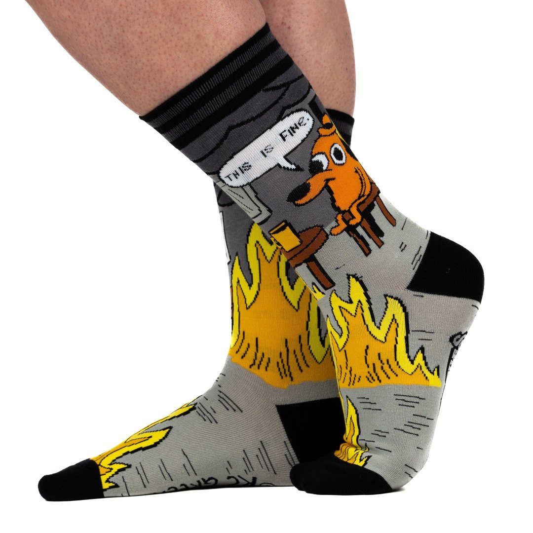 This is Fine: Noir Edition Crew Socks from FootClothes