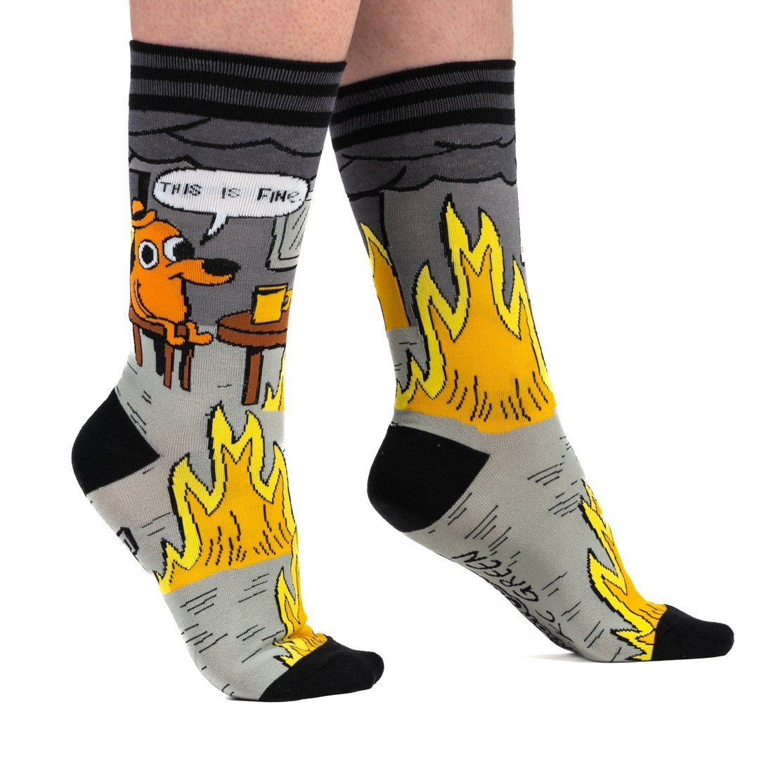 This is Fine: Noir Edition Crew Socks from FootClothes