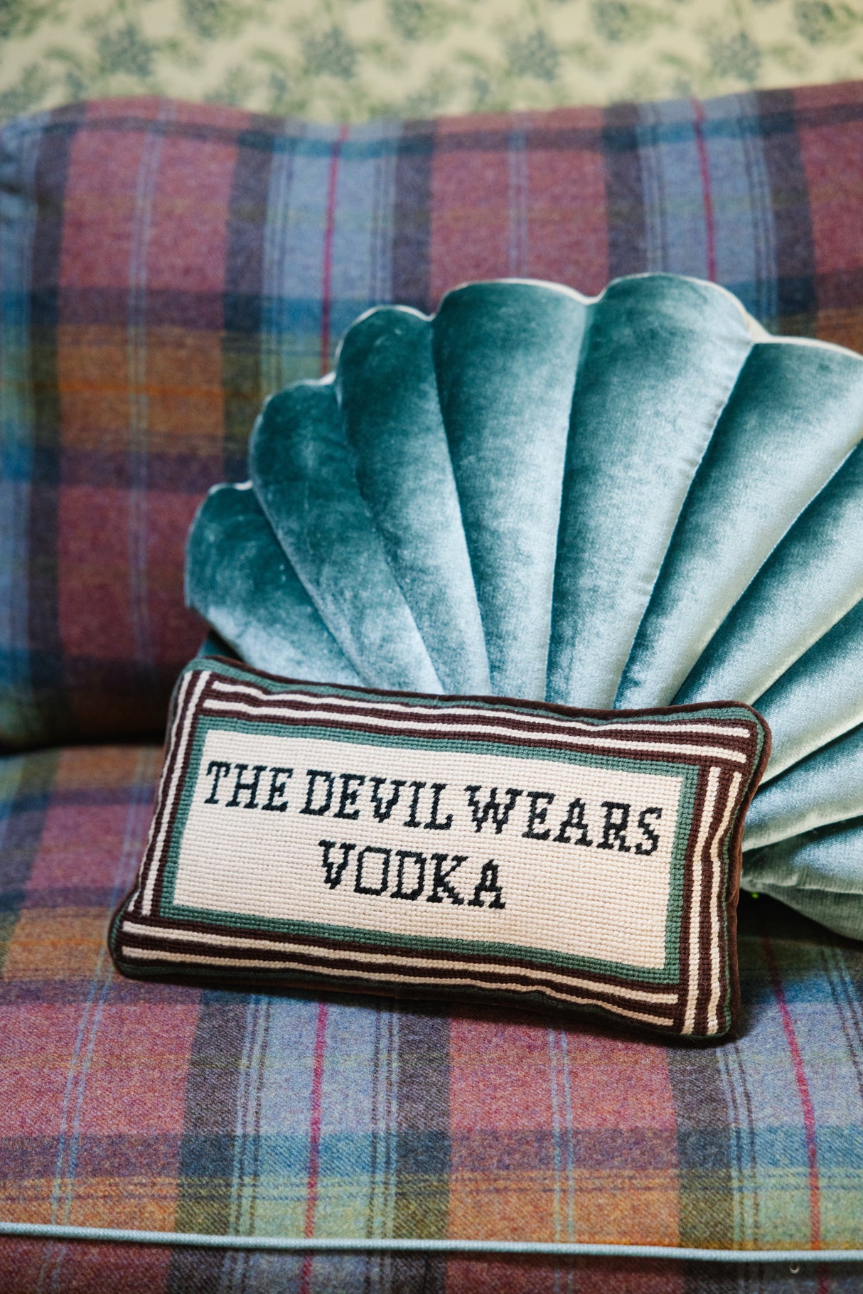 Devil Wears Vodka Needlepoint Pillow from Furbish Studio