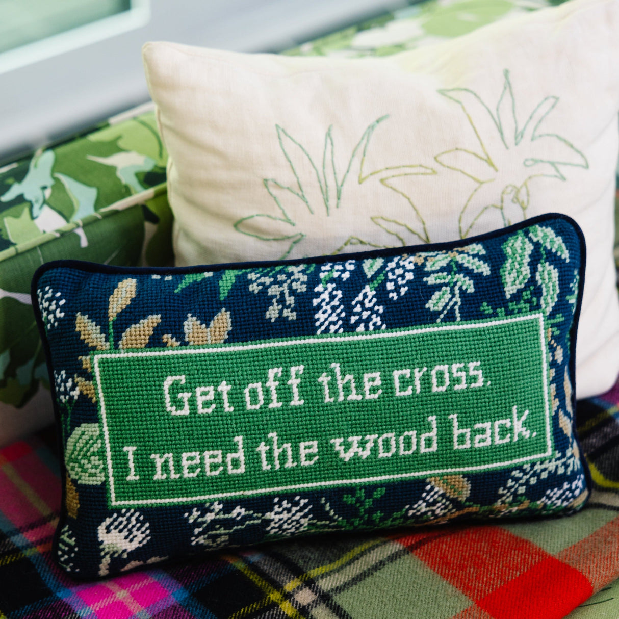 Get Off The Cross Needlepoint Pillow from Furbish Studio