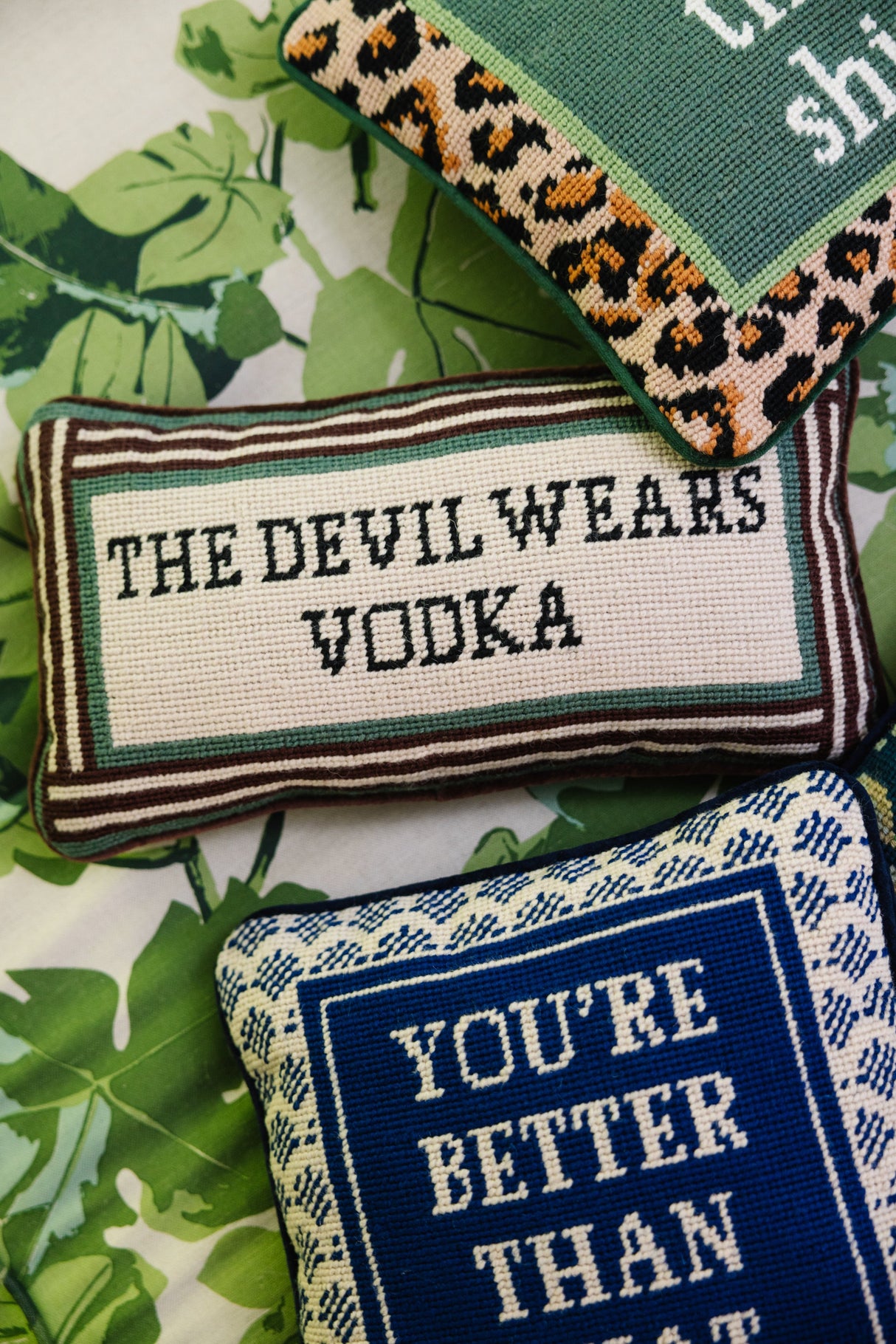 Devil Wears Vodka Needlepoint Pillow from Furbish Studio