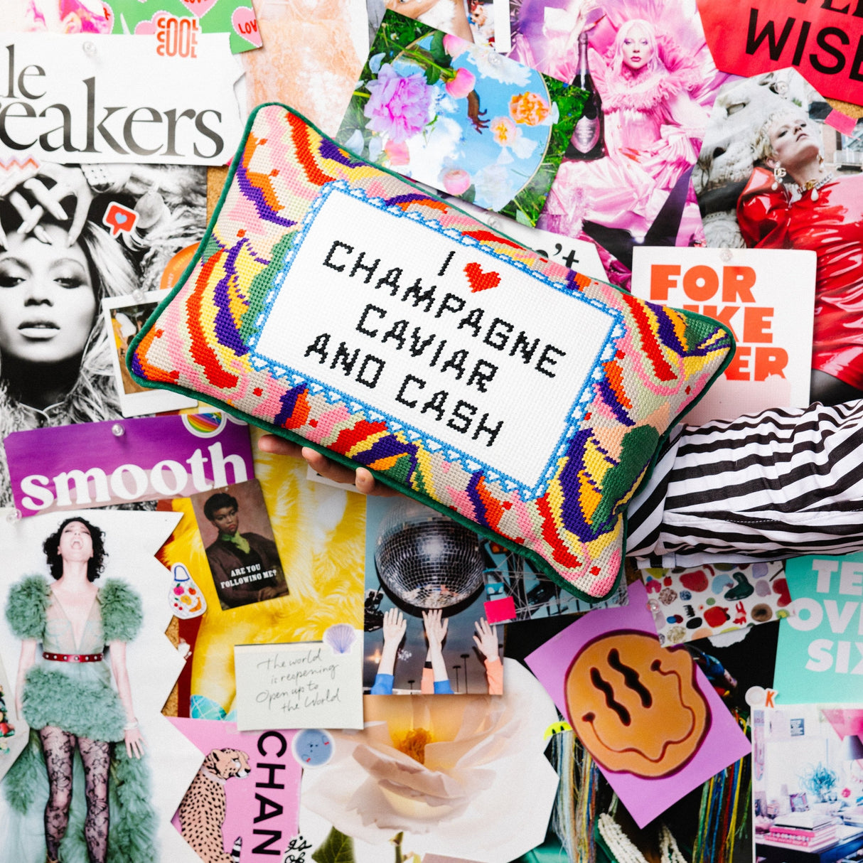Caviar and Cash Needlepoint Pillow from Furbish Studio