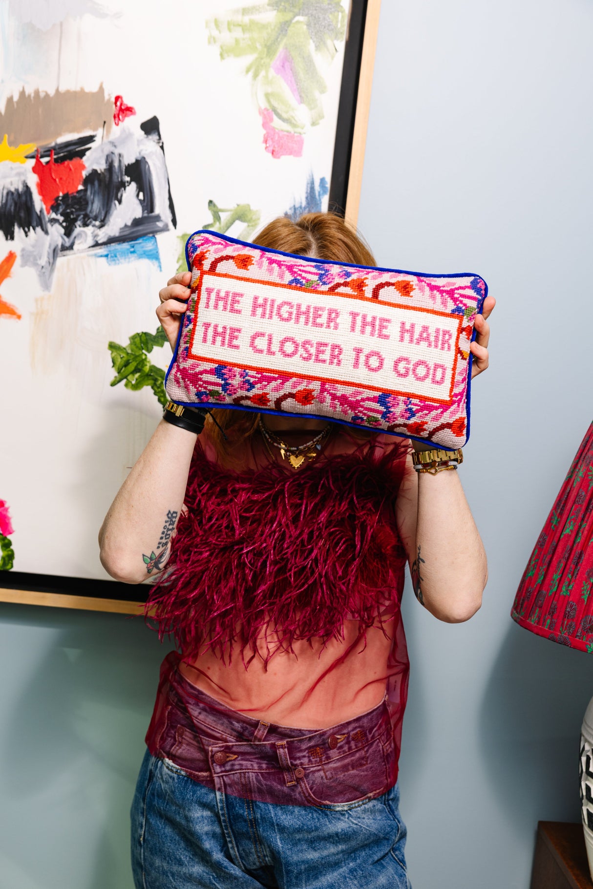 Higher The Hair Needlepoint Pillow from Furbish Studio