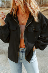 Black Flap Pocket Drawstring Hood Zip Up Jacket from MsDressly