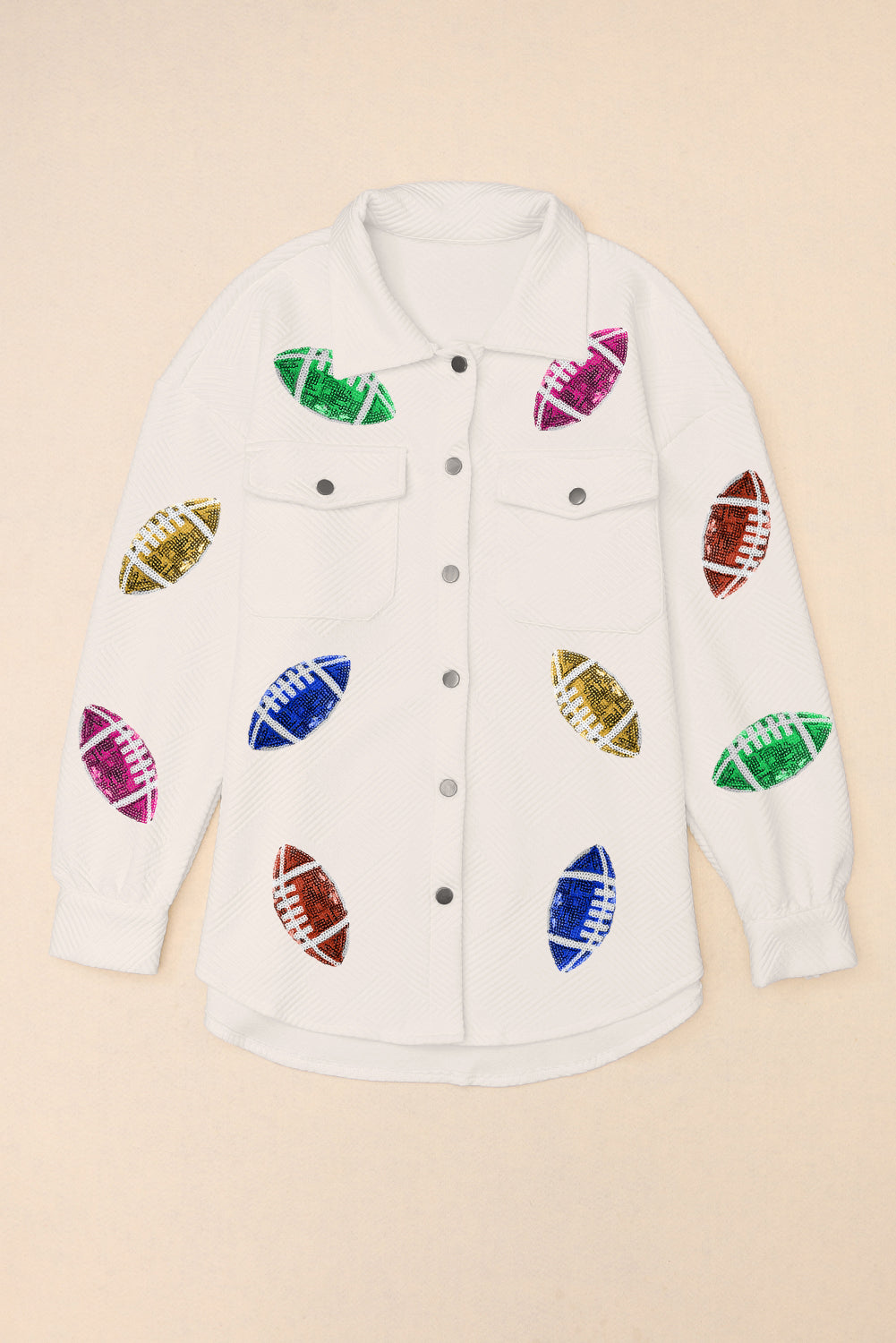 Beige Sequin Rugby Football Textured Knit Collared Game Day Shirt Jacket from MsDressly