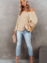 Apricot Sequin Patchwork Waffle Knit Open Back Top with Long Sleeves from MsDressly