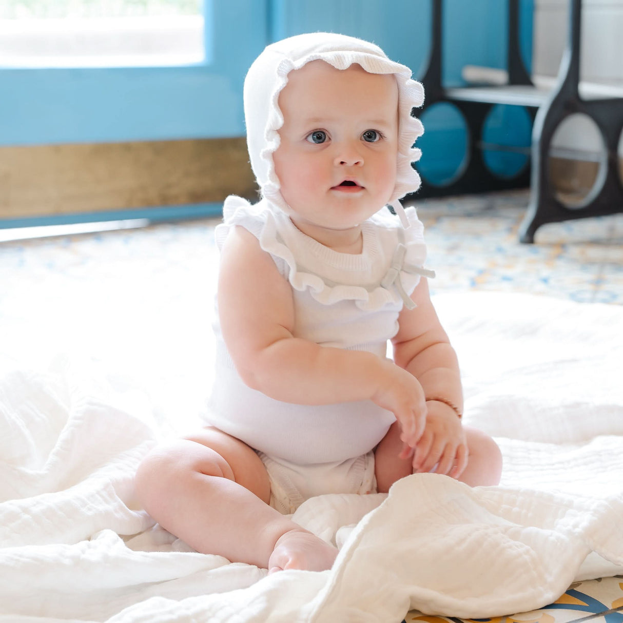 Organic Ruffle Sweater Romper and Bonnet Set from Hope & Henry