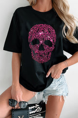 Black Rhinestone Leopard Skull Graphic Crewneck Casual T Shirt from MsDressly
