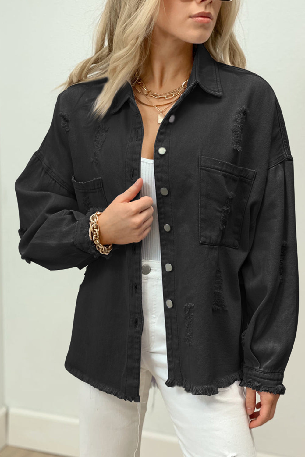 Black Distressed Fringe Trim Denim Jacket from MsDressly