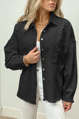 Black Distressed Fringe Trim Denim Jacket from MsDressly