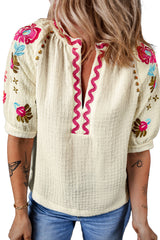 Beige Floral Embroidered Ricrac Puff Sleeve Textured Blouse from MsDressly