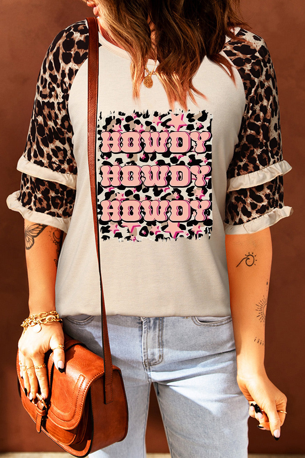 Apricot HOWDY Leopard Print Tiered Ruffled 3/4 Sleeve Tee from MsDressly