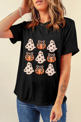 Black Halloween Ghost Pumpkin Print Crew Neck T Shirt from MsDressly