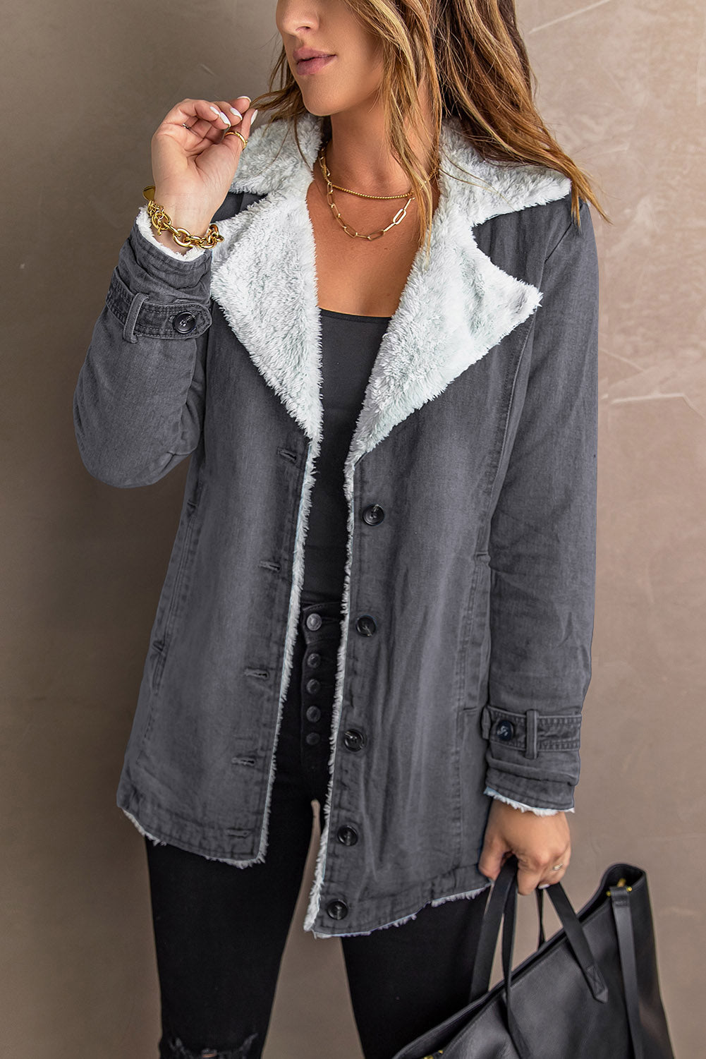 Casual Denim Coat with Plush Lining from MsDressly