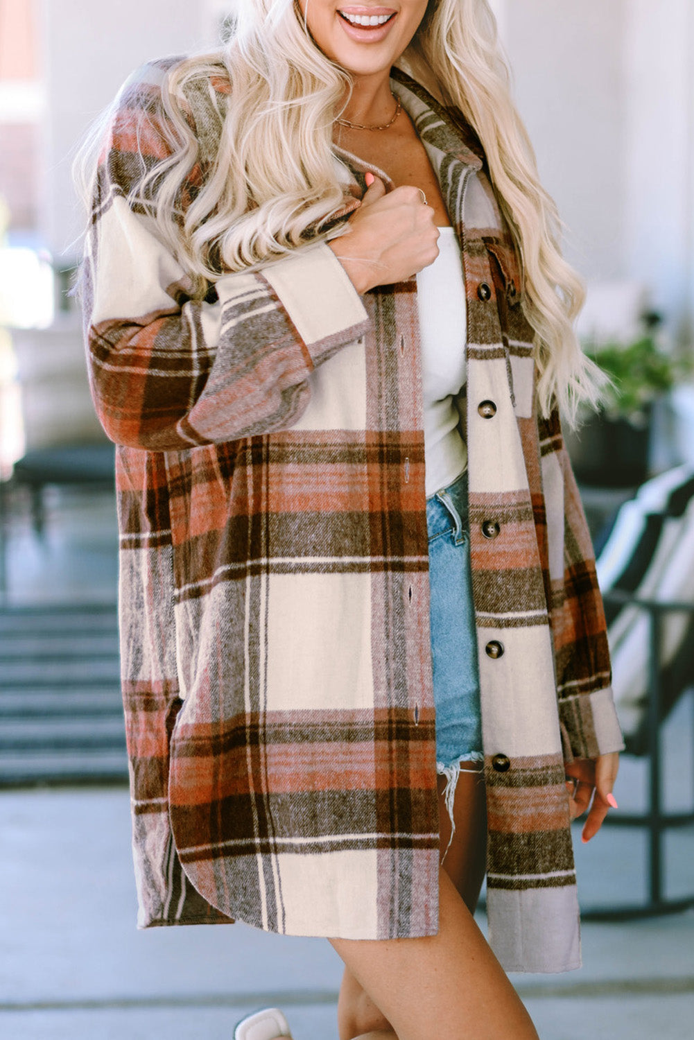 Autumn Plaid Button-Down Shirt Jacket from MsDressly
