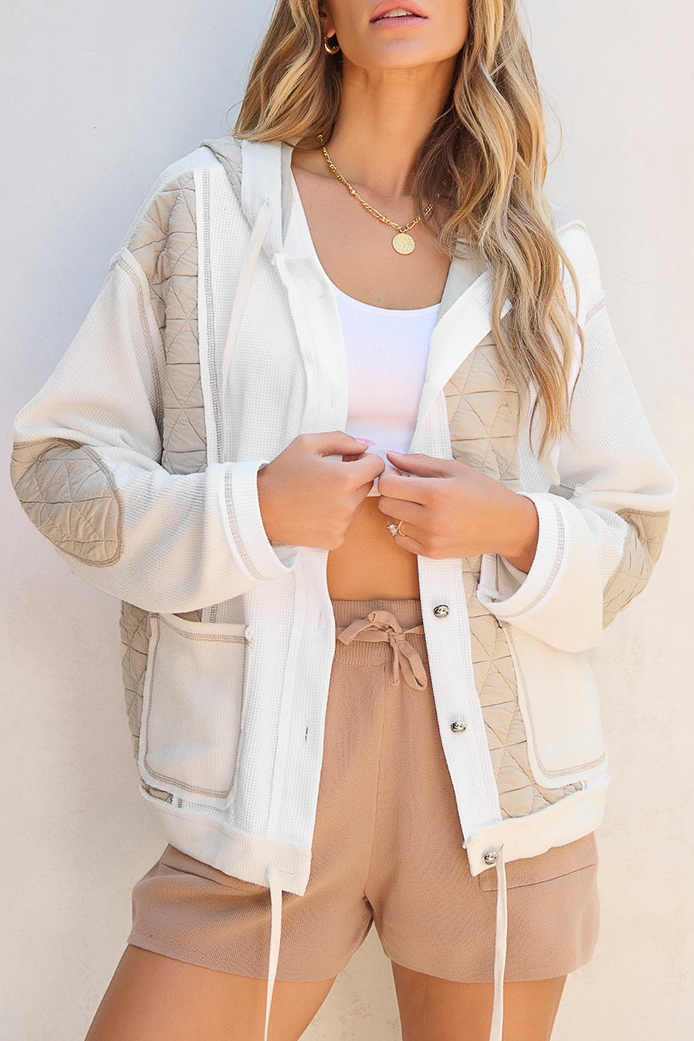 Beige Quilted Textured Patchwork Loose Fit Hooded Jacket from MsDressly