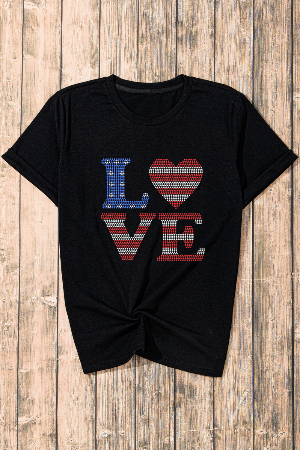 Black Rhinestone USA Flag Stripes and Stars LOVE Graphic T Shirt from MsDressly