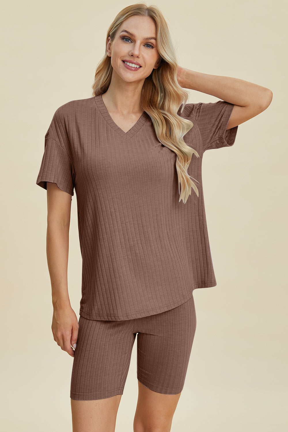 Basic Bae Full Size Ribbed V-Neck Short Sleeve Top and Shorts Set from Enfance-Heureuse