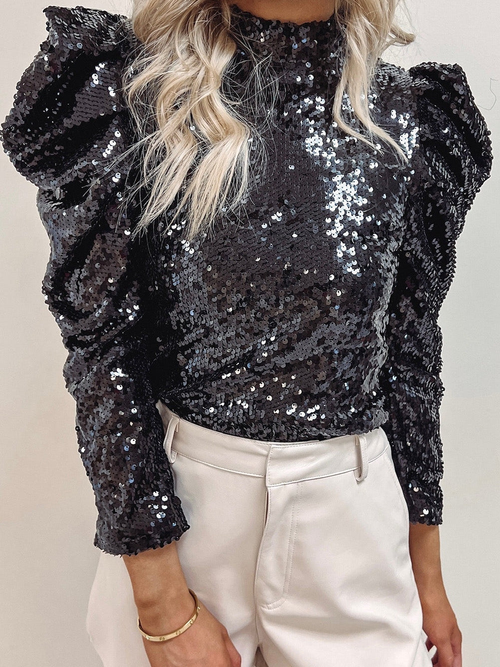 Black Puff Sleeve Sequin Blouse from MsDressly