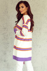 Beige Button-Up Striped Cardigan with Ribbed Trim and Long Sleeves from MsDressly