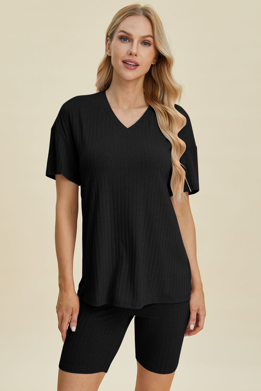 Basic Bae Full Size Ribbed V-Neck Short Sleeve Top and Shorts Set from Enfance-Heureuse
