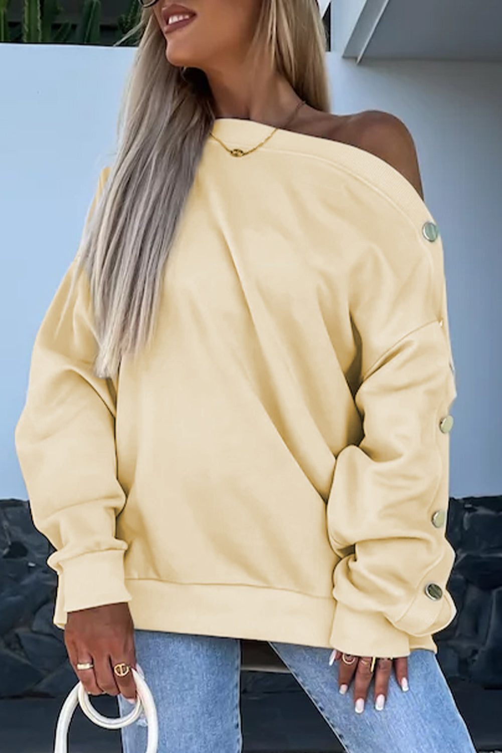 Beige Buttoned Sleeve Dropped Shoulder Sweatshirt from MsDressly