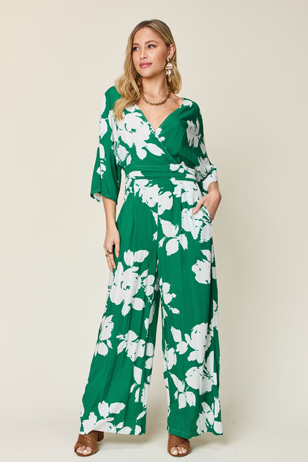 Double Take Full Size Printed Tie Back Wide Leg Jumpsuit from Enfance-Heureuse