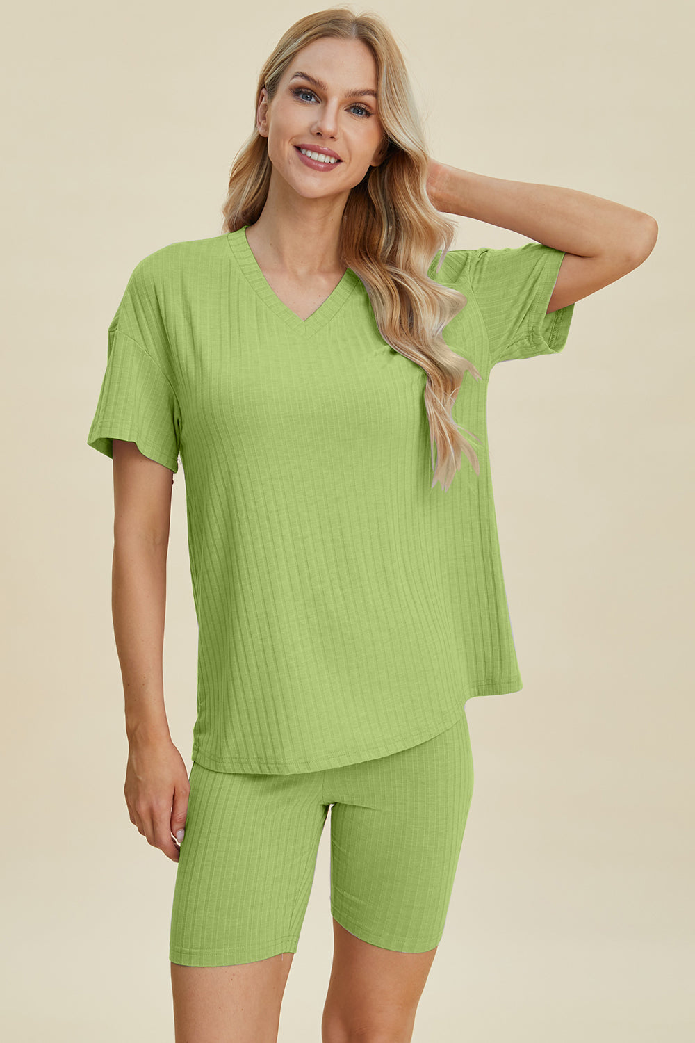 Basic Bae Full Size Ribbed V-Neck Short Sleeve Top and Shorts Set from Enfance-Heureuse