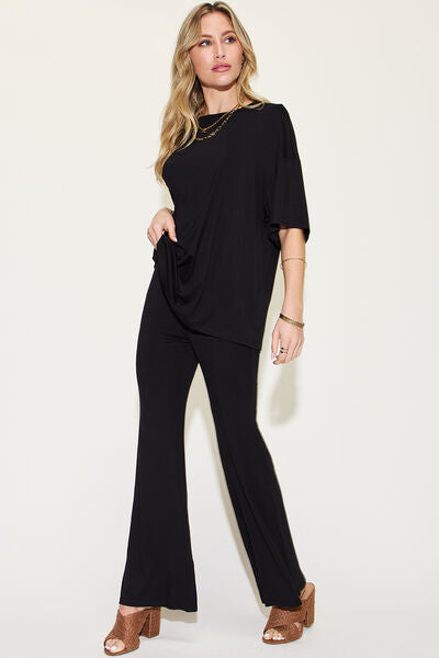 Basic Bae Full Size Bamboo Drop Shoulder T-Shirt and Flare Pants Set from Enfance-Heureuse