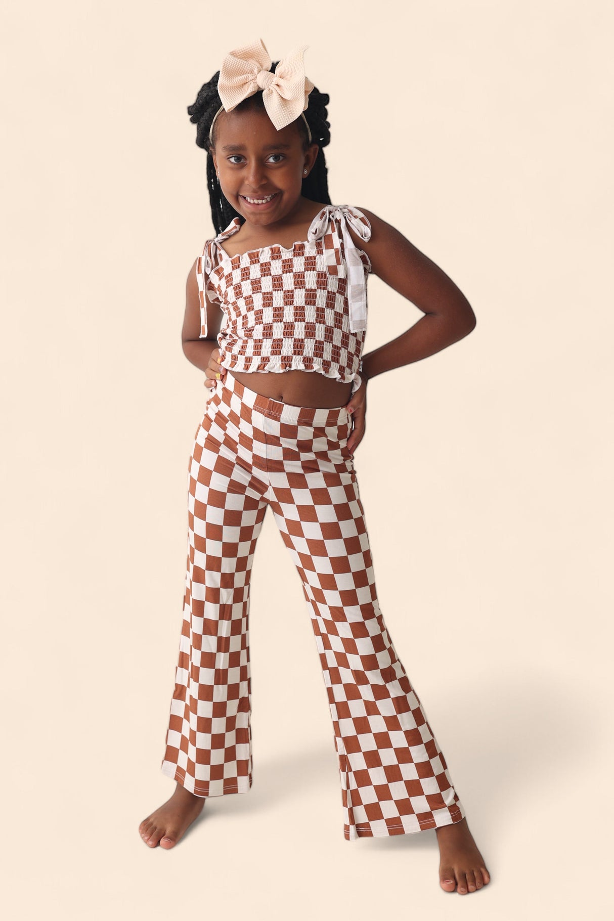 COPPER CHECKERS DREAM SMOCKED FLARE SET from DREAM BIG LITTLE CO