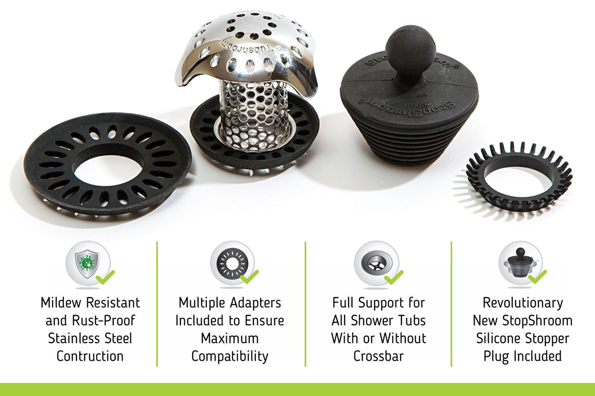 TubShroom Ultra (Stainless) Plus StopShroom® Plug Combo for Tub Drains from TubShroom.com