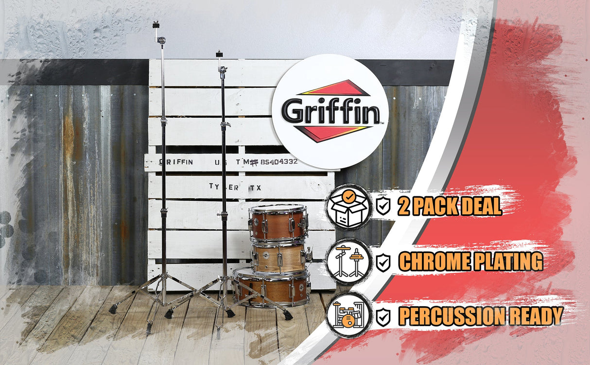 Straight Cymbal Stand (2 Pack) by GRIFFIN - Double Braced Legs, Slip-Proof Gear Holder - Light-Duty for Mobile Drummers Percussion Drum Hardware Set from GeekStands.com