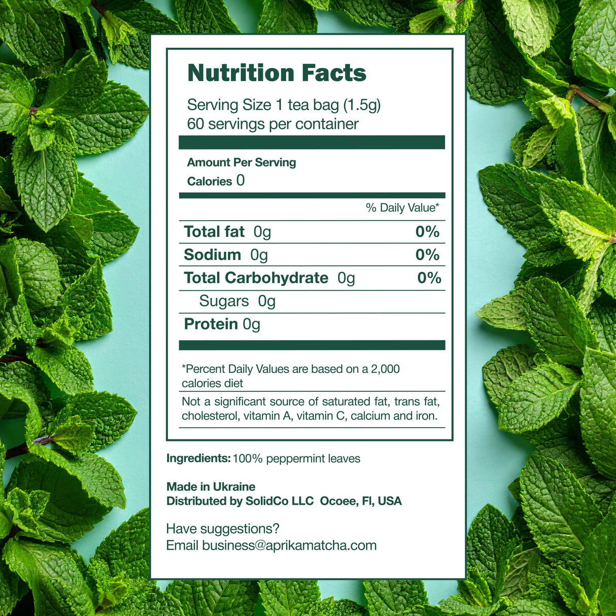 100% Pure Peppermint Herbal Tea, 60 Bags from Aprika Life