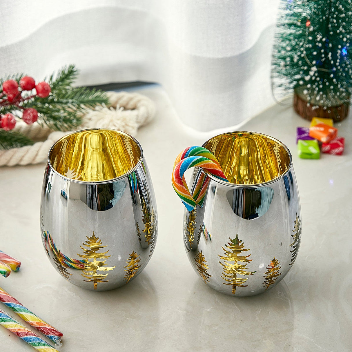 Crystal Christmas Tree Stemless Wine & Water Glasses - Set of 2 - Holiday Themed Vibrant Gold Etched Winter Snow Wonderland Frosted Glass, Perfect For Seasonal Parties, Gifts for Him & Her Trees Décor from The Wine Savant