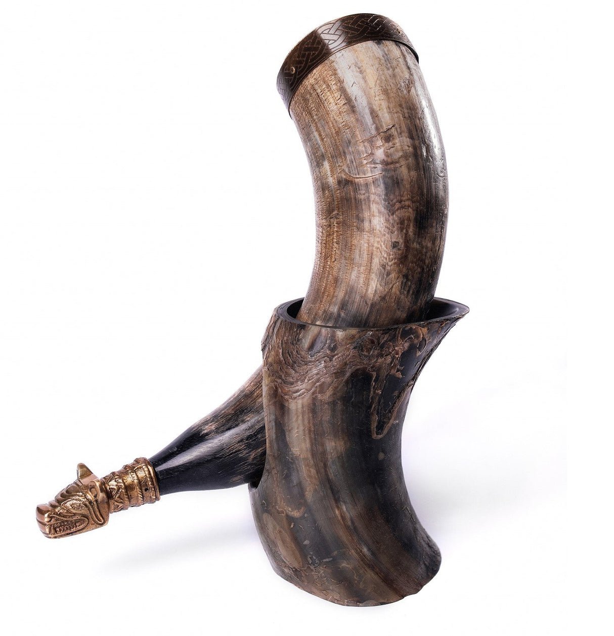 Curved Drinking Horn Bundle with Stand & Holster from Norse Tradesman