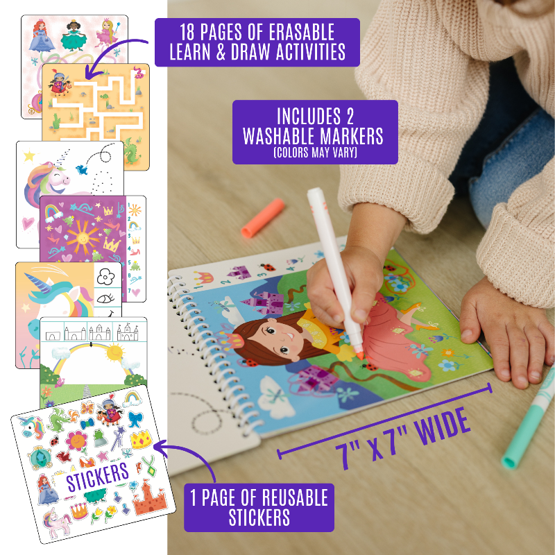 Small 7" Dry Erase Activity Book (incl. 2 Washable Markers & Reusable Stickers) from UnbuckleMe®