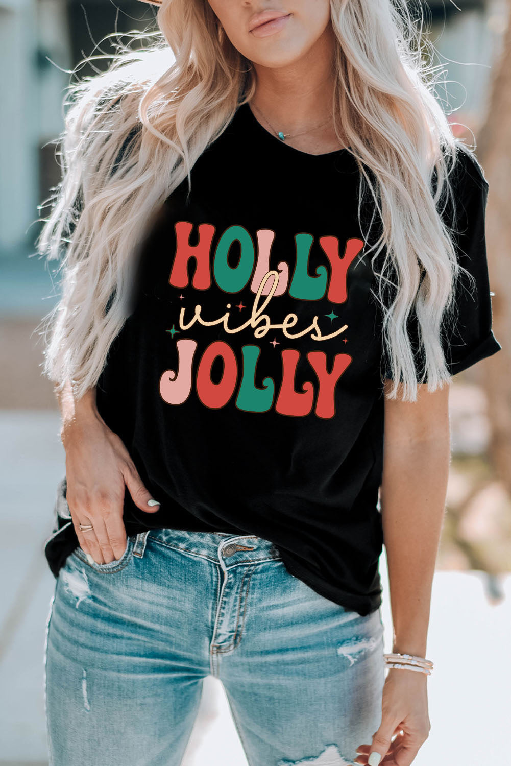 Black HOLLY JOLLY Vibes Christmas Crew Neck T Shirt from MsDressly
