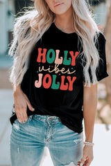 Black HOLLY JOLLY Vibes Christmas Crew Neck T Shirt from MsDressly